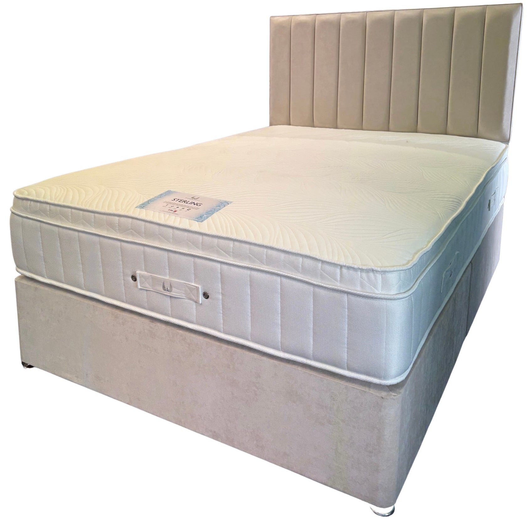 *20% OFF* Complete Set Hybrid Mattress, Divan Base and Design Headboard. Choice of fabric colours. Fast delivery available.