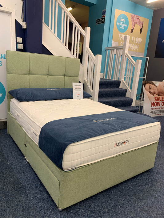 Ex Display double size Sleepeezee iMemory1800 mattress, 2 drawer divan base and floor standing headboard. One only.