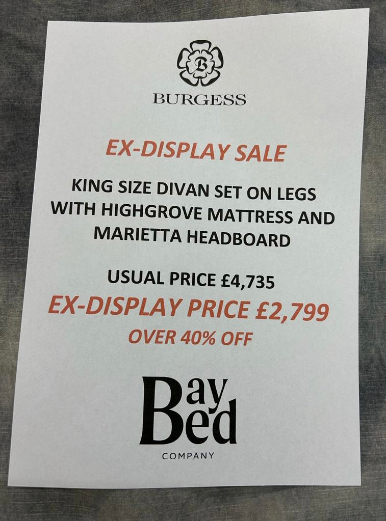 Ex-Display King size divan set on legs with Highgrove mattress and Marietta headboard