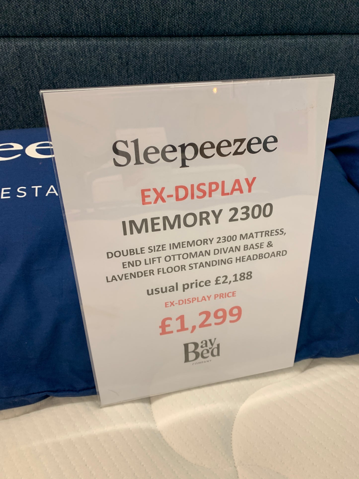 Ex Display Double size Sleepeezee iMemory 2300 mattress, end lift ottoman base and floor standing headboard. One only.