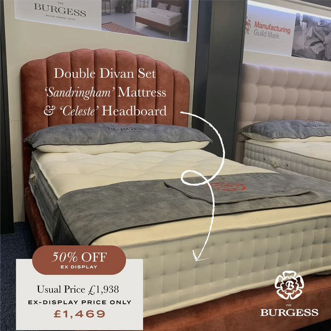Ex-Display Burgess Double Divan Set, Sprung Shallow Base on Legs with Luxury Sandringham Mattress and Celeste Headboard