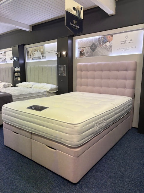 Ex-Display Burgess End Lift Ottoman Storage Divan Base with Floor Standing Burgess Evie Headboard and Romantica 1000 Pocket Sprung Mattress. All items ex-display.