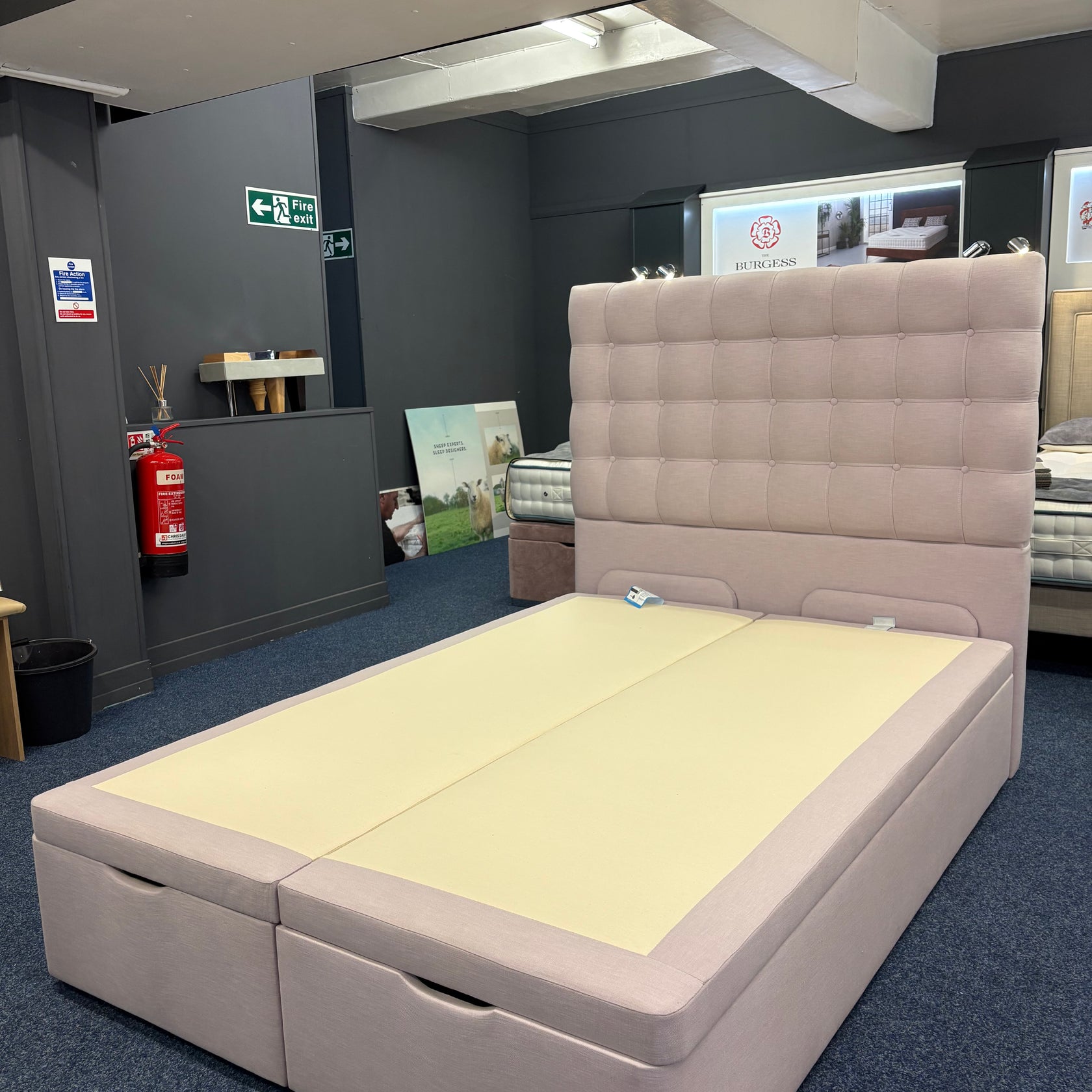 Ex-Display Burgess End Lift Ottoman Double Divan Base with Floor Standing Burgess Evie Headboard