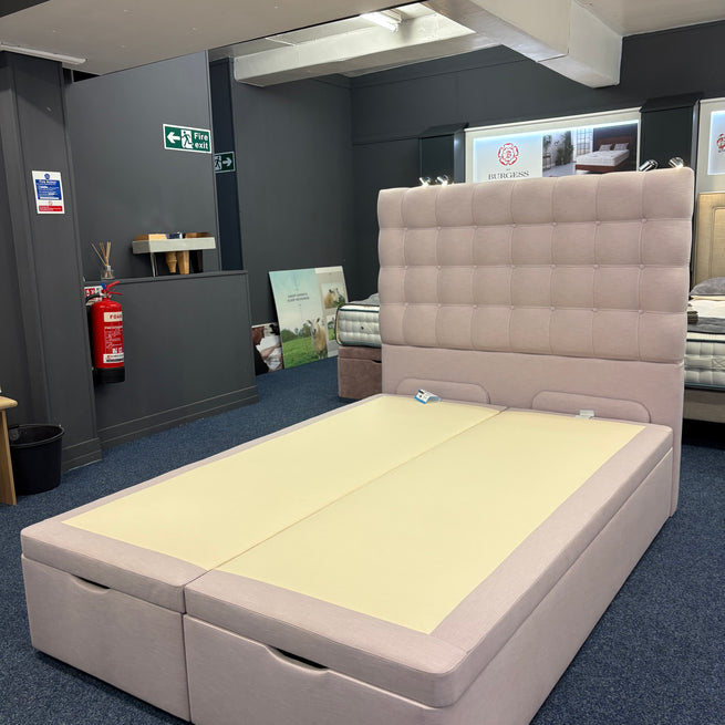 Ex-Display Burgess End Lift Ottoman Double Divan Base with Floor Standing Burgess Evie Headboard