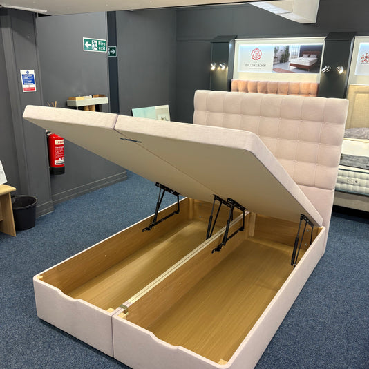 Ex-Display Burgess End Lift Ottoman Double Divan Base with Floor Standing Burgess Evie Headboard