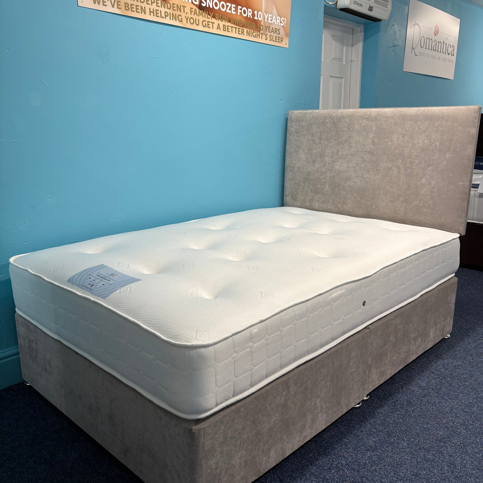 Ex-Display Small Double Divan Set with Medium Coil Sprung Mattress and Square Strutted Headboard
