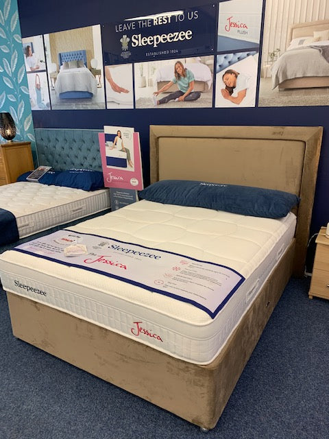 Ex Display King Size Sleepeezee Jessica 1800 Gel Mattress, Divan Base and Magnolia Floor Standing Headboard